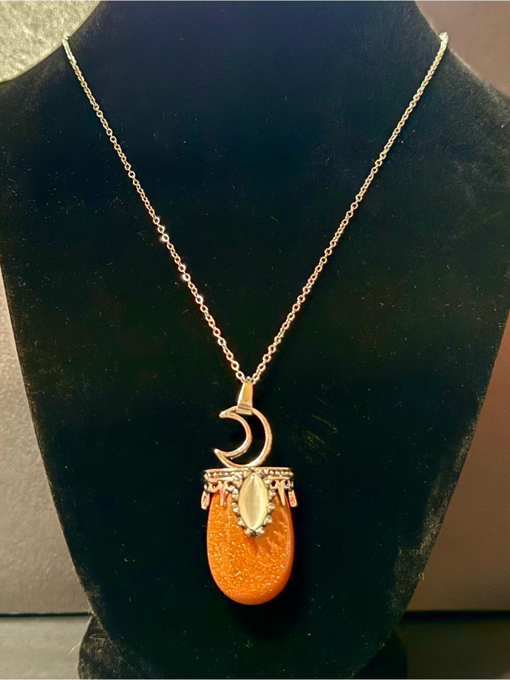 Gold Moon Pendant Necklace with Sparkling Sand Stone - Women Jewelry